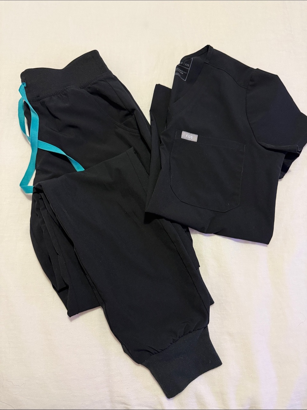 Figs Black Scrub Set with Teal Drawstring Accent